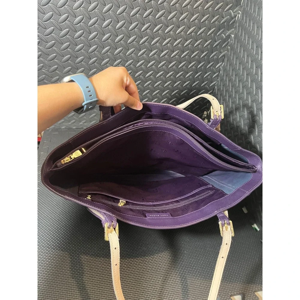 Tory Burch Buckle Tote Womens Large Purple Saffiano Leather Shoulder Bag